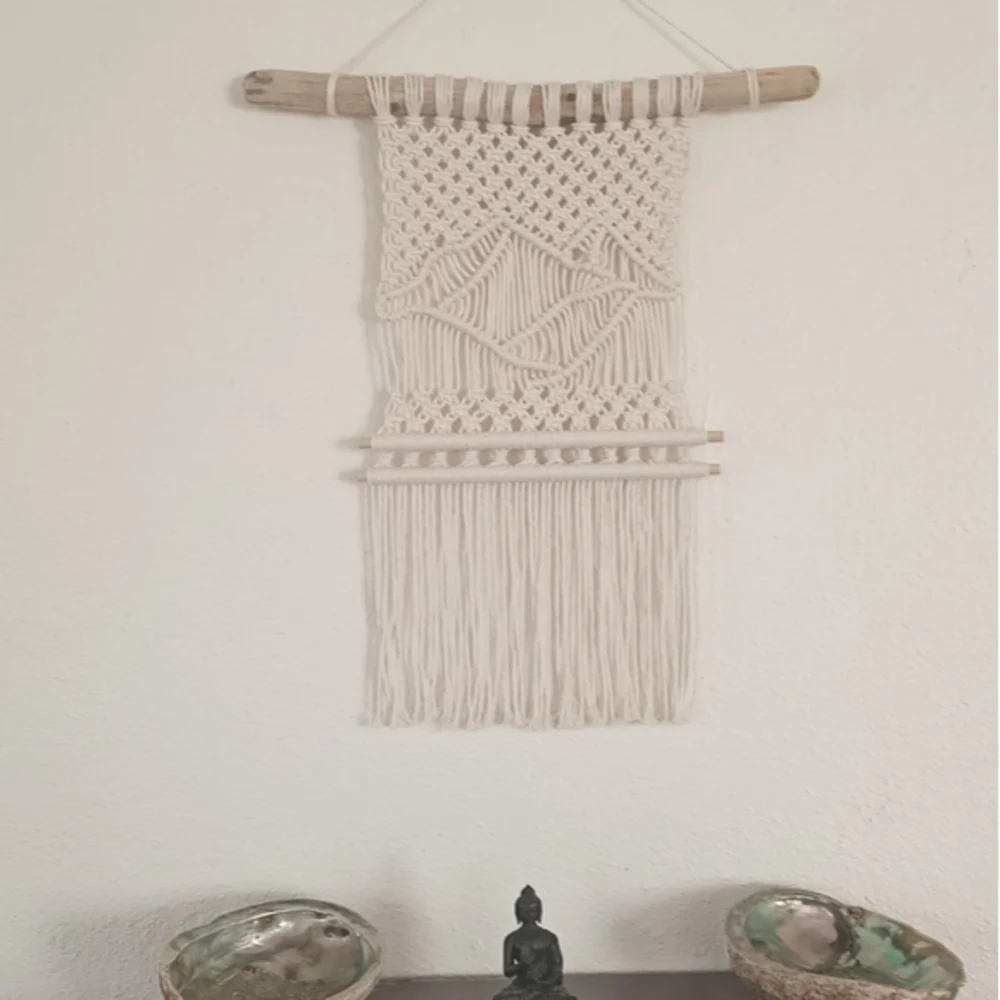 Handmade Macrame wall hanging Mountain scene on driftwood